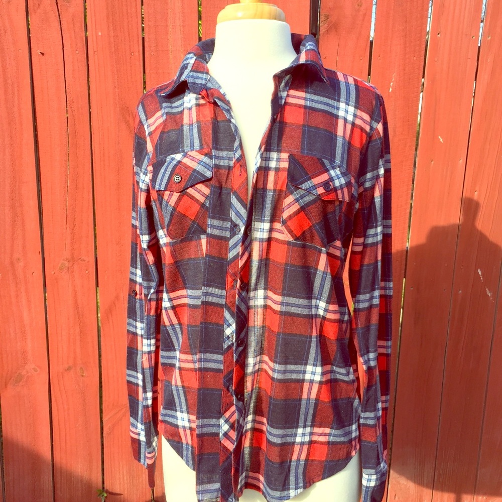 Blue red plaid button down top